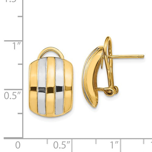 14KT Yellow Gold + Rhodium Striped Omega Back Earrings, 14KT Yellow Gold + Rhodium Striped Omega Back Earrings - Legacy Saint Jewelry