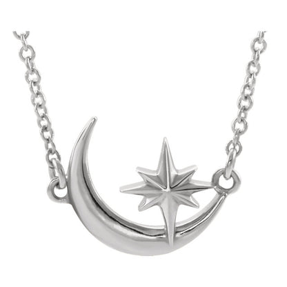 14KT White Gold Crescent Moon + Star Pendant Chain Necklace, 14KT White Gold Crescent Moon + Star Pendant Chain Necklace - Legacy Saint Jewelry