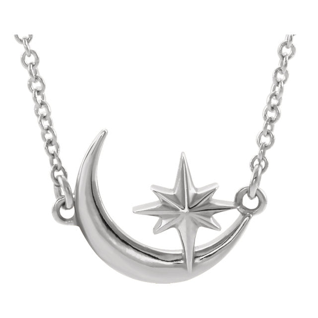 Sterling Silver Crescent Moon + Star Pendant Chain Necklace, Sterling Silver Crescent Moon + Star Pendant Chain Necklace - Legacy Saint Jewelry