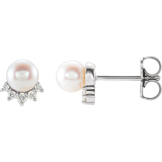 14KT White Gold Freshwater Pearl + Diamond Stud Earrings, 14KT White Gold Freshwater Pearl + Diamond Stud Earrings - Legacy Saint Jewelry