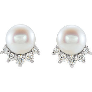 14KT White Gold Freshwater Pearl + Diamond Stud Earrings, 14KT White Gold Freshwater Pearl + Diamond Stud Earrings - Legacy Saint Jewelry