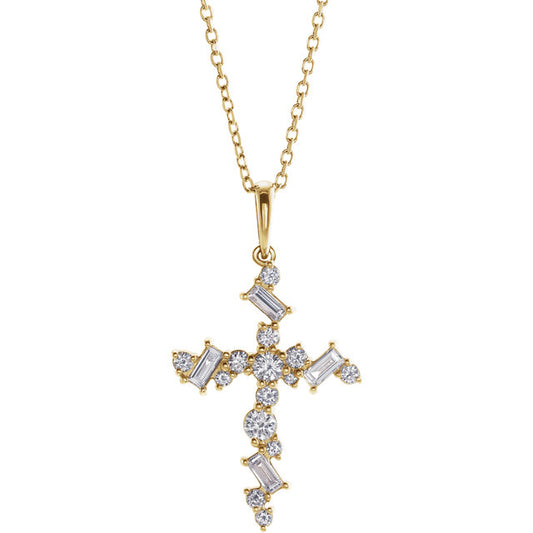 14KT Yellow Gold Scattered Diamond Cross Pendant Necklace, 14KT Yellow Gold Scattered Diamond Cross Pendant Necklace - Legacy Saint Jewelry