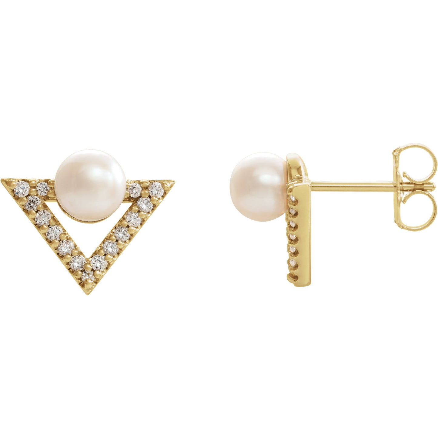 14KT Yellow Gold Freshwater Pearl + Diamond Triangle Stud Earrings, 14KT Yellow Gold Freshwater Pearl + Diamond Triangle Stud Earrings - Legacy Saint Jewelry