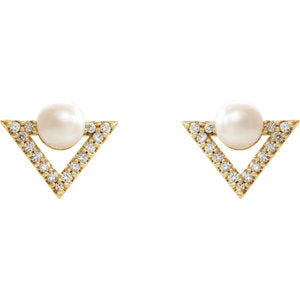 14KT Yellow Gold Freshwater Pearl + Diamond Triangle Stud Earrings, 14KT Yellow Gold Freshwater Pearl + Diamond Triangle Stud Earrings - Legacy Saint Jewelry