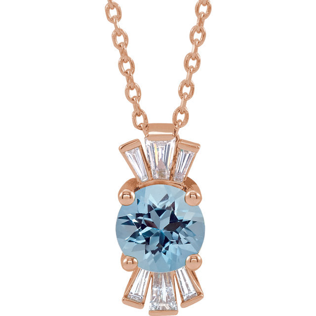 14KT Rose Gold Blue Zircon + Baguette Diamond Necklace, 14KT Rose Gold Blue Zircon + Baguette Diamond Necklace - Legacy Saint Jewelry