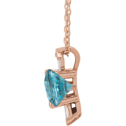 14KT Rose Gold Blue Zircon + Baguette Diamond Necklace, 14KT Rose Gold Blue Zircon + Baguette Diamond Necklace - Legacy Saint Jewelry